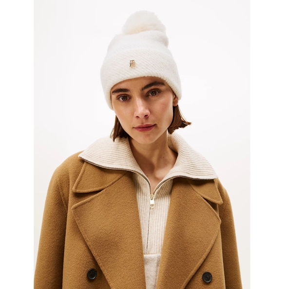Σκουφάκι TOMMY HILFIGER TH Pom Pom Beanie Lurex 17855 Ιβουάρ